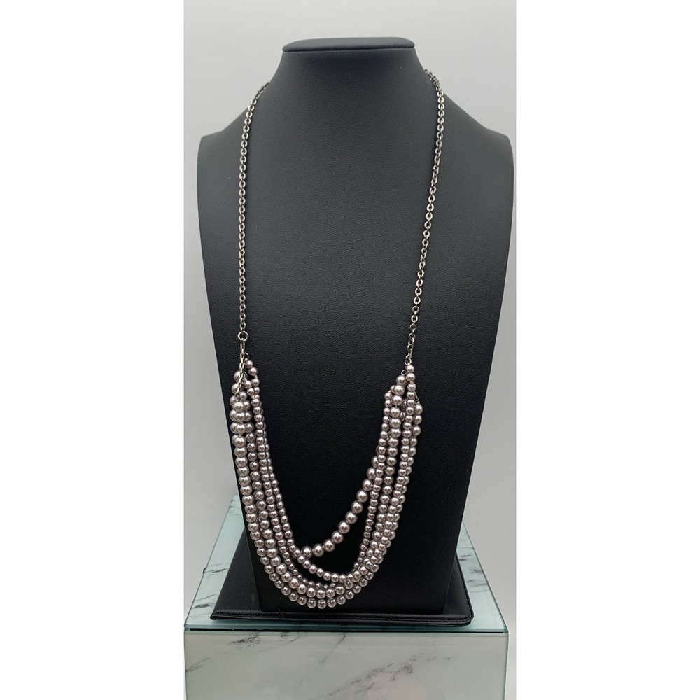 J Crew Dark Silver Tone Multi Layer Faux Light Gray Pearl Necklace